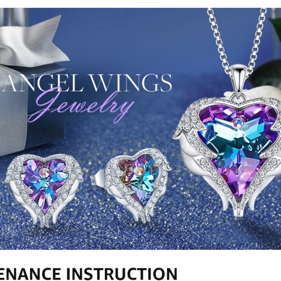 NWOT Angel Wings Heart Pendant Necklace and Earrings - Picture 5 of 9
